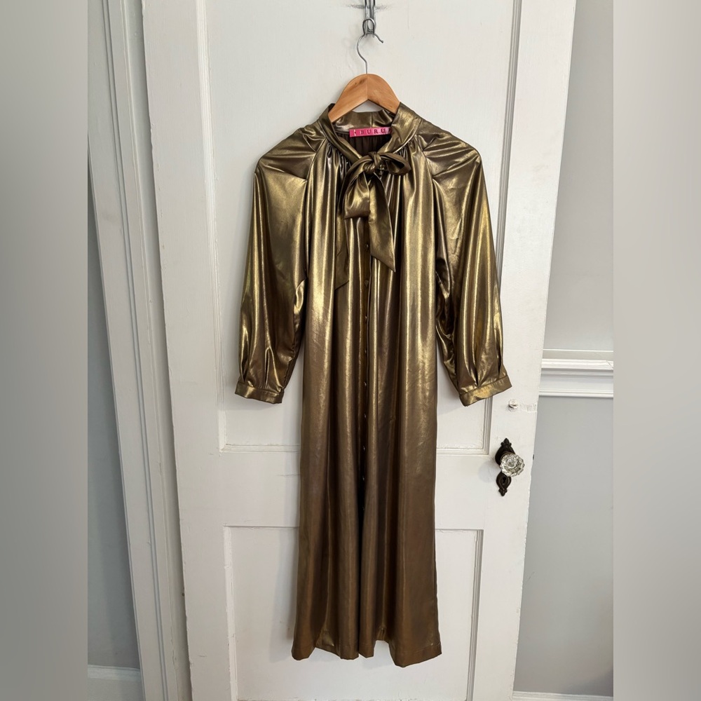 BURU Gold Lamé Long Sleeve Button Up Bow Midi Dress Size XS - Picture 6 of 14